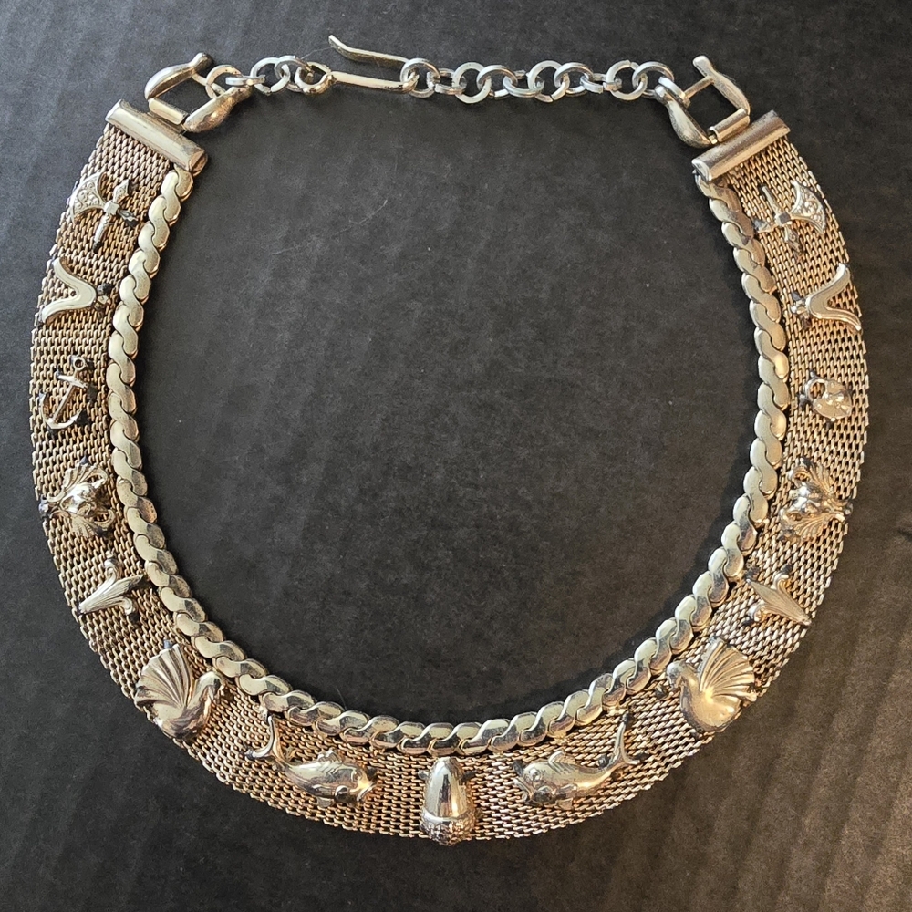 Antique gold tone mesh collar style Necklace, unusual Greco-Roman motif